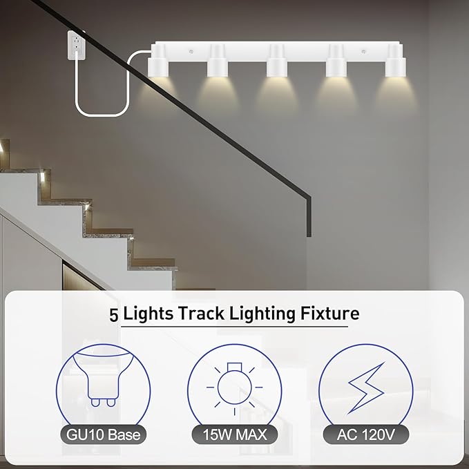 Track Lighting Plug in, 30" LED Track Light Fixtures Ceiling, White 5 Way Spotlight, Rotatable Head, Plug Wall Lights with 14.8FT Cord, Ceiling Lighting for Kitchen Hallway Bar(GU10, NO Bulb)