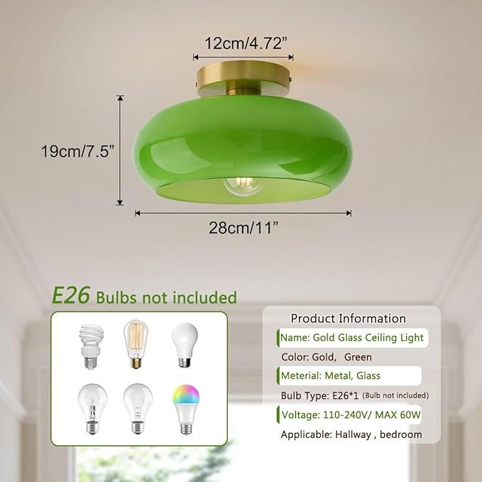 Green Ceiling Light - Mid Century Modern Flush Ceiling Light with Milk Glass Globe and Dark Green Lamp Shade in Brushed Brass for Dining Room
