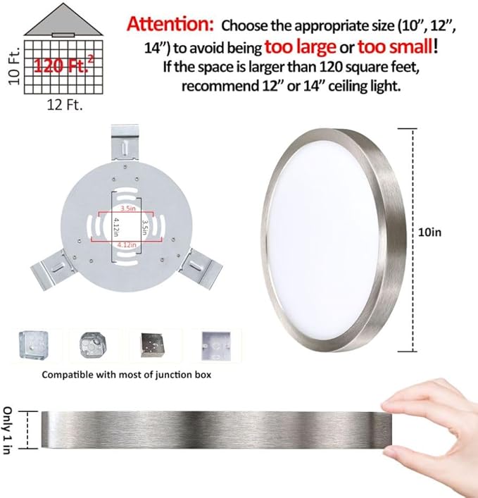 10 Inch LED Flush Mount Ceiling Light Fixture, Super Slim Flush Mount Light for Kitchen, Metal and Glass LED Ceiling Light for Low Ceiling, Hallway, Bathroom, Laundry, Brushed Nickel, 17W, 3000K