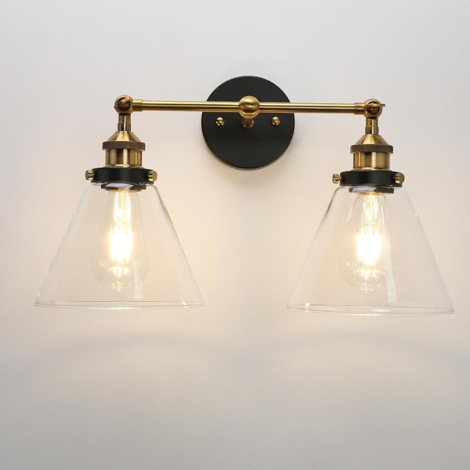PERMO Industrial 2-Lights Wall Sconces with Dual Funnel Clear Glass Shade Double Sconce Antique Wall Sconce for Mirror Hallway Bedroom, Hardwired, E26 Base