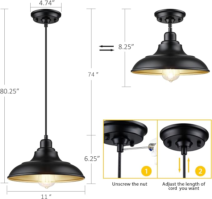 Pendant Lighting, Farmhouse Decor Adjustable Metal Hanging Lamp Ceiling Lamp, Hanging Light Fixtures, Industrial Black Pendant Lights for Kitchen Island Dining Room Barn, E26 Base, 2 Pack