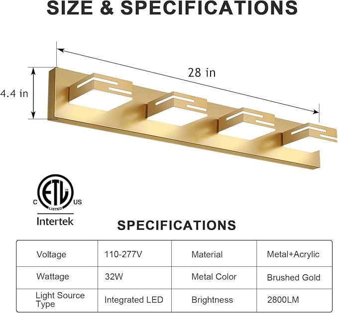LED Modern Bathroom Vanity Light Fixtures, 4-Light 28-inch Dimmable Gold Vanity Lights for Bathroom Lighting Fixtures Over Mirror, with 360° Rotatable Heads (Cool White 6000K)