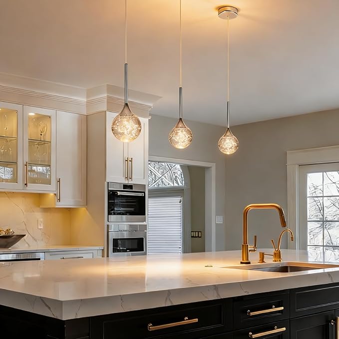 Modern Crystal Pendant Lighting for Kitchen Island Chrome Mini Globe Chandelier Bubble Crystal Dimmable LED Hanging Light Fixtures for Bedroom Bar Bathroom 2-Pack, 3000K