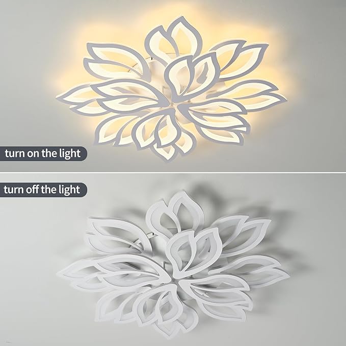 Modern Ceiling Light with APP & Remote Control, Dimmable LED Flush Mount Chandelier with 3-Color, White Acrylic Flower Ceiling Light Fixture for Living Room Dining Room Bedroom Kitchen-12-Leaves