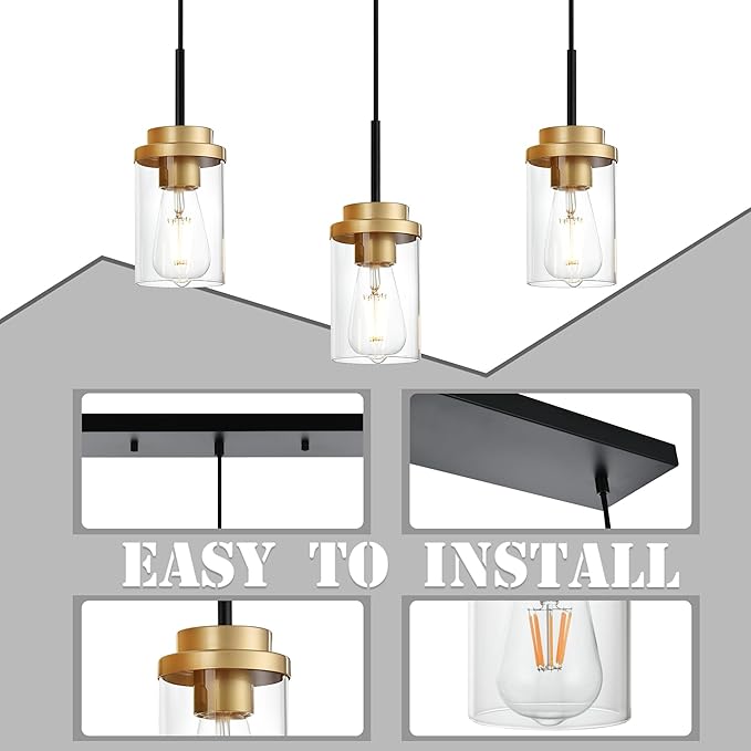 MELUCEE 20.5 Inches Dining Room Light Fixture Hanging 3-Lights Kitchen Pendant Light Fixture Over Island Black Ceiling Hanging Lamp with Clear Glass Shade, Gold Socket