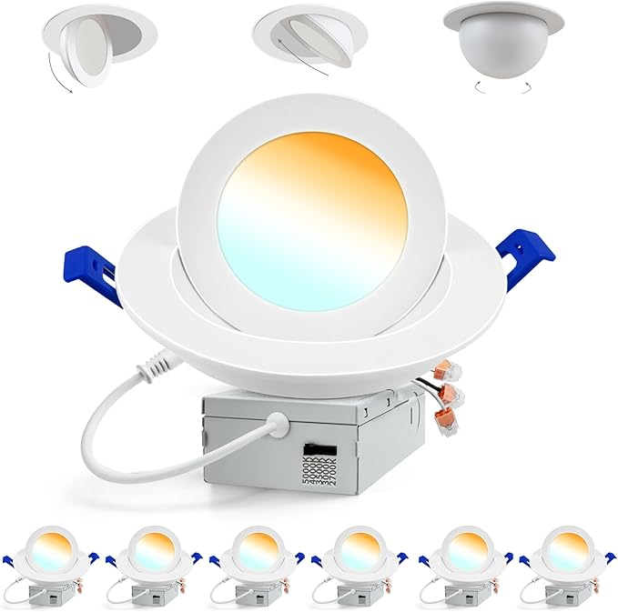 Adetu 6 Inch 5CCT Gimbal Led Recessed Lighting, 360°+90° Adjustable Directional Recessed Lighting 6 inch, 2700K-5000K Dimmable Retrofit Eyeball Can Recessed Lights with Jbox, ET (White, SMD, 6 Pack)