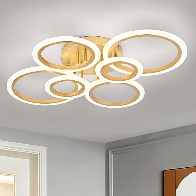 Vikaey Modern LED Flush Mount Ceiling Light, 6 Rings Gold Close to Ceiling Light Fixtures, Living Room Lighting Fixture Ceiling Lamp for Kitchen, Bedroom, Laundry Room, 4000K Not Dimmable