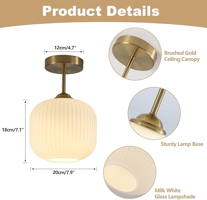 BOKT Vintage Semi Flush Mount Ceiling Lights 2 Pack 7.9" Stripe Milk White Glass Shade Modern Ceiling Lamp Mid Century Gold Ceiling Light Fixture for Farmhouse, Kitchen Island, Hallway