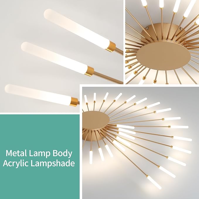 ziidoo Modern Ceiling Light, 42 Lights Metal Firework Designed Chic Led Lighting Fixture for Farmhouse Kitchen Dining Room Bedroom Hallway Living Room (Gold and Dark Gold)