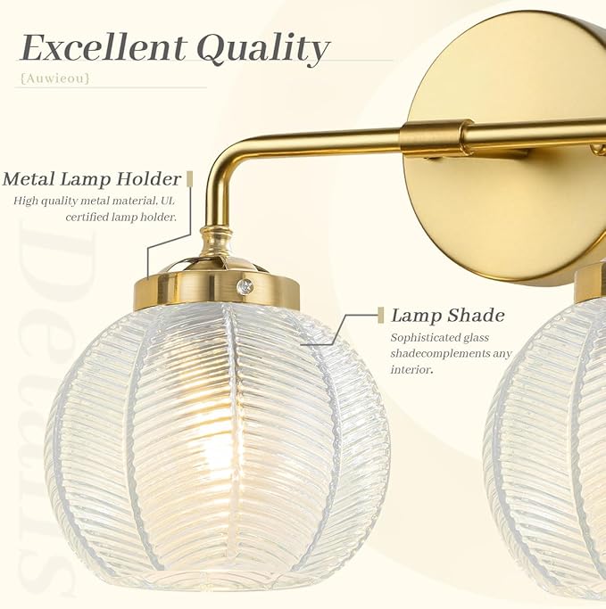 Vintage Bathroom Vanity Lights Over Mirror, 2 Light Gold Wall sconces with clear Glass Shade Bathroom Light Fixture mid Century Wall Sconce Light Glass Wall Lighting for Bedroom Doorway Hallway