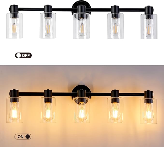 5 Light Bathroom Wall Light Fixtures Black Bathroom Wall Sconce with Clear Glass Lights Over Mirror Vanity Lights E26 Base