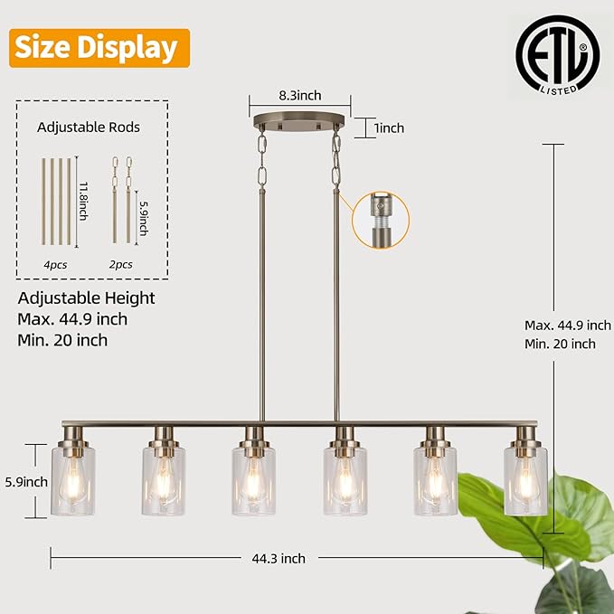 Dining Room Light Fixtures Over Table,6-Light Farmhouse Kitchen Island Lighting,44.3'' Linear Chandelier Pendant Lighting for Kitchen Island for Brushed Nickel Finish with Clear Glass Shade