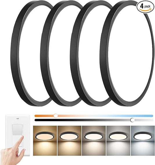 15.8inch Dimmable LED Flush Mount Ceiling Light, 32W, 3480LM, 2700K/3000K/4000K/5000K/6000K CCT Selectable,LED Round Flat Panel Light Dimmable from 5% to 100% for Bedroom,Kitchen,Hallway, Black 4PK
