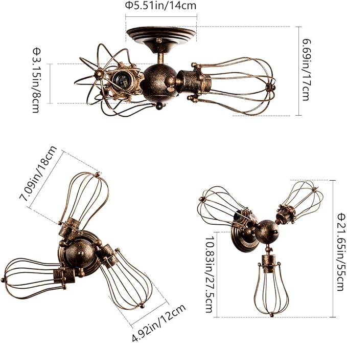 Luling Vintage Ceiling Light Industrial, Adjustable Socket Metal Wire Cage Lamp Semi-Flush Mount Rustic Ceiling Light Metal Lamp Fixtures (No Bulb) (with 3 Light) (Bronze)