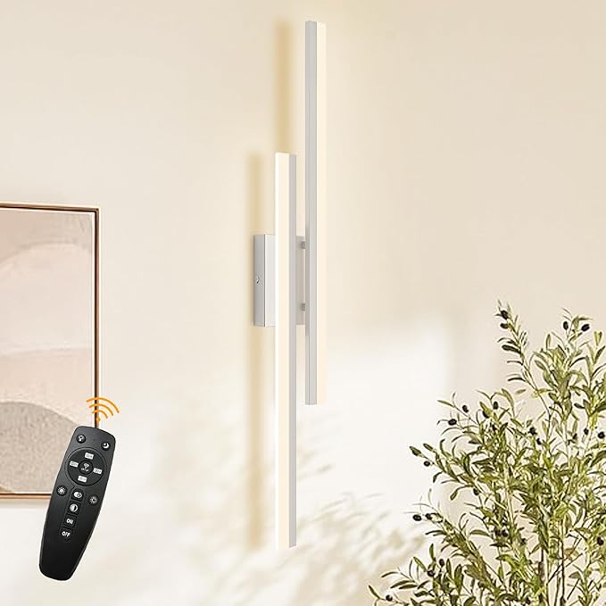 LED Wall Sconce Silver Modern Remote Wall Light Fixtures for Living Room, Dimmable LED Vanity Light Indoor Remote Wall Sconce for Bedside Bedroom Bathroom Dining Room, 31.5inch 1 Pack