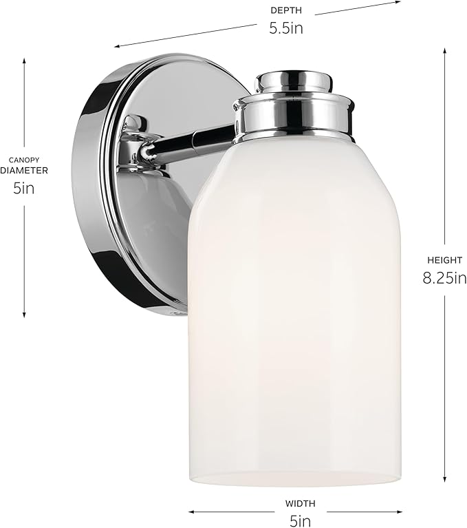 Kichler Shae 5" 1-Light Wall Sconce Bathroom Vanity Light Fixture with White Opal Glass in Chrome, Modern Style for Vanity Mirror, Fireplace, Hallway (8.25" H x 5" W), 55200CH