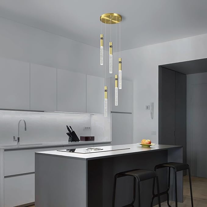 Pendant Lights Kitchen Island Light Fixtures Dimmable LED Modern Pendant Light with Bubble Crystal Pendant Lighting for Kitchen Bedroom Hallway Entryway (Gold 5-Light)