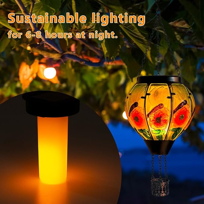 STARSOUL Dragonfly Solar Hot Air Balloon Lantern with Flickering Flame, Hanging Solar Lantern Outdoor Waterproof, Hot Air Balloon Solar Light Decorations for Garden Yard Lawn Porch Porch Backyard