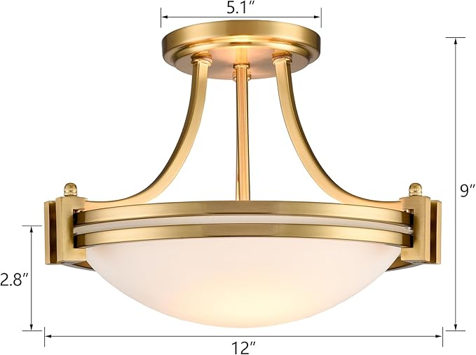 12-Inch Brass Semi Flush Mount Ceiling Light Milk Glass Light Fixture Mid Century 2-Light Gold Glass Ceiling Light for Hallway Bedroom Foyer