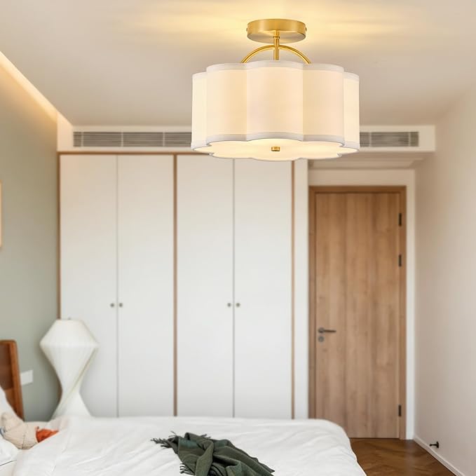 13.5" Gold Semi Flush Mount Ceiling Light Fixture for Bedroom,3-Light Modern Flower-Shape Close to Ceiling Light with Fabric Shade for Bedroom Hallway Nursery Living Room (White)