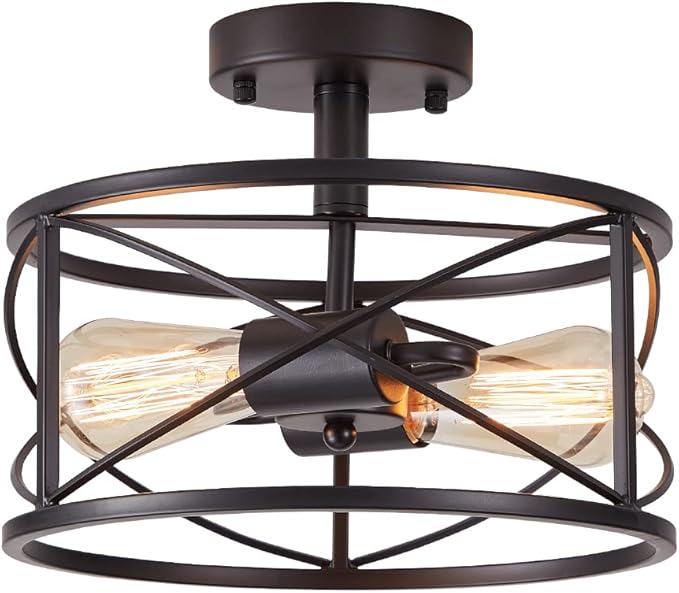 Black Semi Flush Ceiling Light Fixture, 2-Light Farmhouse Flush Mount Light Fixtures, Modern Industrial Metal Cage Pendant Lighting for Hallway, Bedroom, Kitchen, Foyer, Living Room, Dining Room