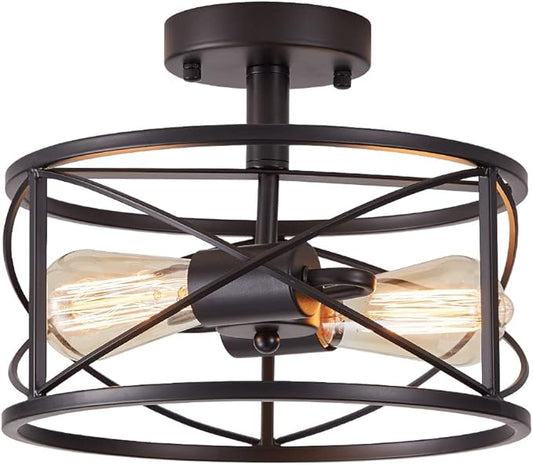 Black Semi Flush Ceiling Light Fixture, 2-Light Farmhouse Flush Mount Light Fixtures, Modern Industrial Metal Cage Pendant Lighting for Hallway, Bedroom, Kitchen, Foyer, Living Room, Dining Room