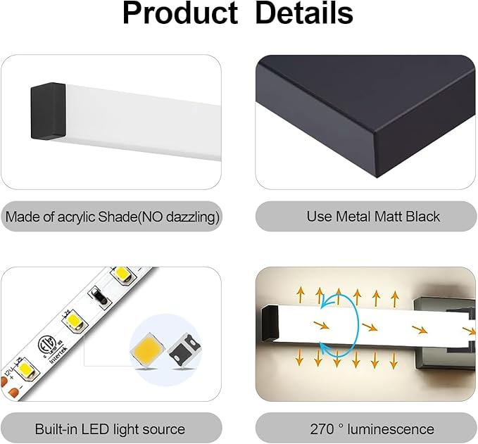 40 inch Bathroom Vanity Light 2700/3000/3500/4000/5000k Dimmable, Black Modern Matte for Vanity Lighting Over Mirror LED, Equivalent to Incandescent 350W, ETL Certificated (1 Pack)