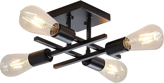 Industrial 4-Light Semi Flush Mount Ceiling Light Fixture, Farmhouse Black Chandelier Lighting, Modern E26 Base Sputnik Ceiling Lamp for Kitchen Bedroom Living Room Hallway Entryway