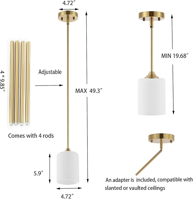BYOLIIMA Modern Gold Pendant Light 3 Pack Brushed Brass Mid Century Chandelier White Cylinder Glass Shades Adjustable Rods Farmhouse Ceiling Hanging Lighting Fixture Kitchen Island Dining Room Bedroom