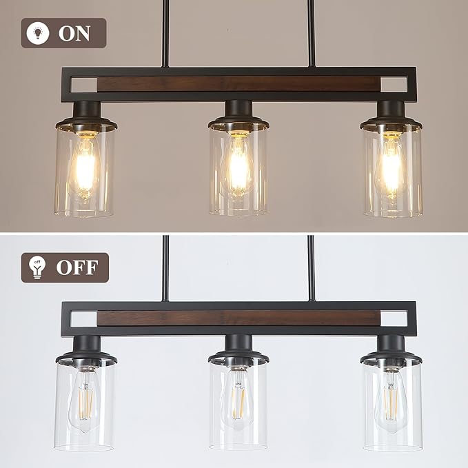 Farmhouse Dining Room Light Fixture, 3-Light Wood Kitchen Island Lighting for Dining Room Over Table, Black Adjustable Pendant Light with Clear Glass Shades, Linear Chandeliers Lighting for Kitchen
