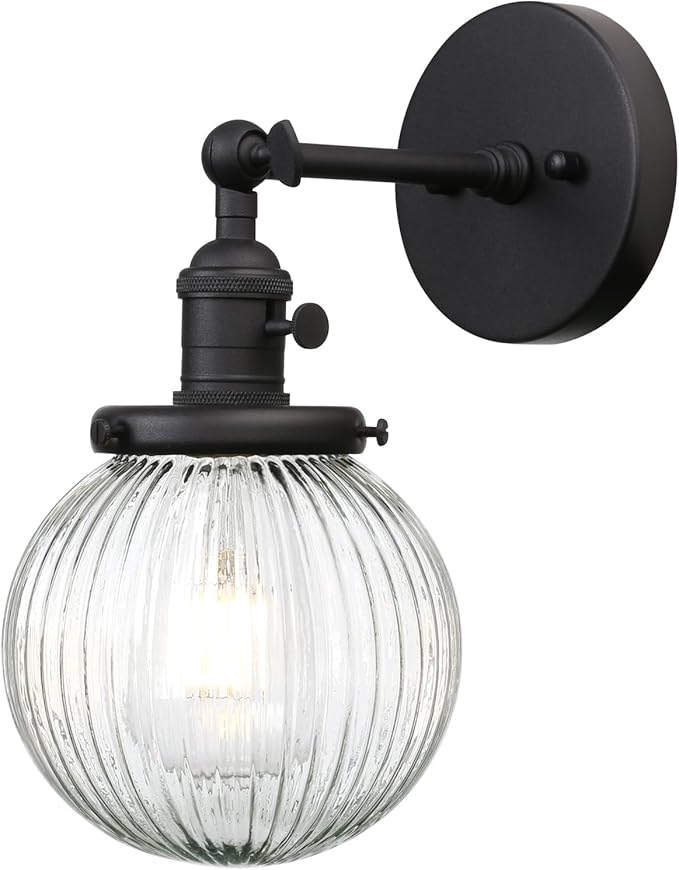 PERMO Vintage Industrial Wall Sconce Matte Black Single Wall Sconces with 5.9" Round Clear Globe Ribbed Glass Shade Hardwired Wall Light for Bedroom Livingroom Office