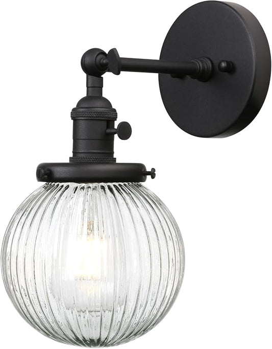 PERMO Vintage Industrial Wall Sconce Matte Black Single Wall Sconces with 5.9" Round Clear Globe Ribbed Glass Shade Hardwired Wall Light for Bedroom Livingroom Office