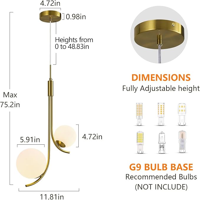 Modern Pendant Light Fixture Gold Globe Pendant Lights Kitchen Island White Frosted Milk Glass Sputnik Chandelier Vintage for Kitchen, Office, Entryway (2-Light)