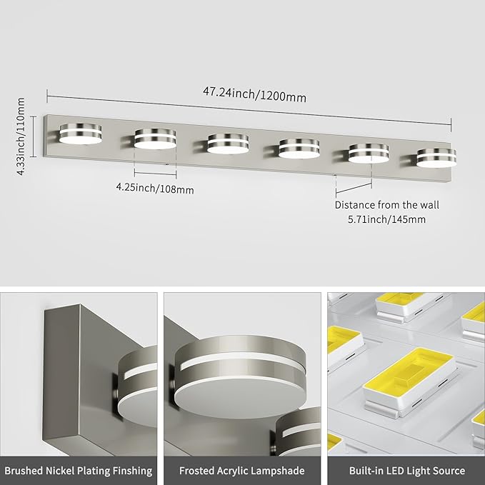 6-Light Nickel Bathroom Vanity Light Over Mirror, LED Vanity Lighting Fixtures, Modern Bathroom Wall Light Fixtures with 360°Rotating Lamp Head (Cool White 5500K)