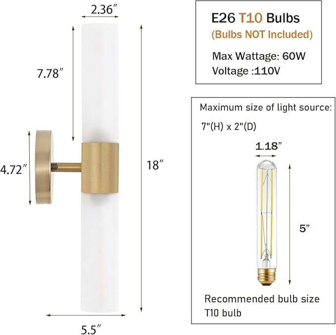 BYOLIIMA Gold Knurled Texture Wall Sconce Frosted Glass Shade Modern Bathroom Vanity Light Fixtures 2-Lights Mid Century Wall Light for Mirror Living Room Hallway E26 T10 Bulbs(Excluded)