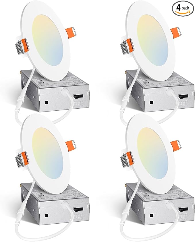 Amico 4 Pack 4 Inch 5CCT Ultra-Thin LED Recessed Ceiling Light with Junction Box, 2700K/3000K/3500K/4000K/5000K Selectable, 10W Eqv 60W 800LM Brightness Dimmable Canless Wafer Downlight, ETL & FCC