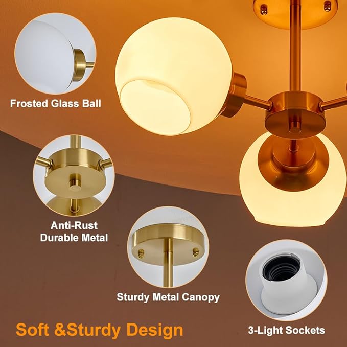 Gold Sputnik Semi Flush Mount Ceiling Light 3 Light Frosted Globe Glass Chandeliers Mid Century Close to Ceiling Light Fixture for Bedroom Living Room Entryway Hallway