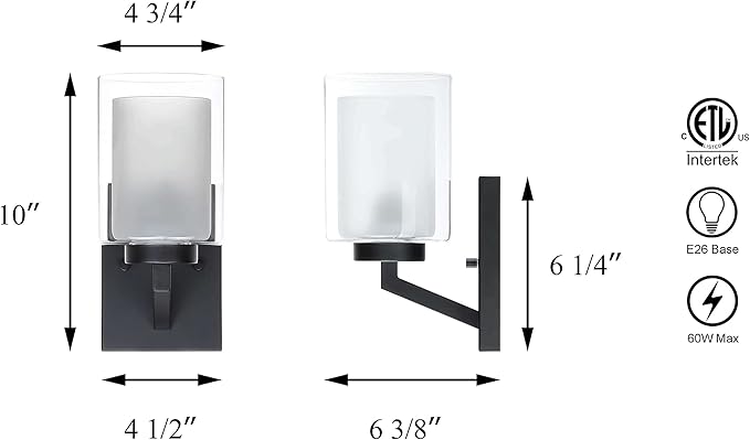 XiNBEi Lighting Black Sconces Wall Lighting 1 Light Bathroom Wall Sconce Dual Glass Wall Light Fixture for Vanity & Hallway XB-W1294-1-MB