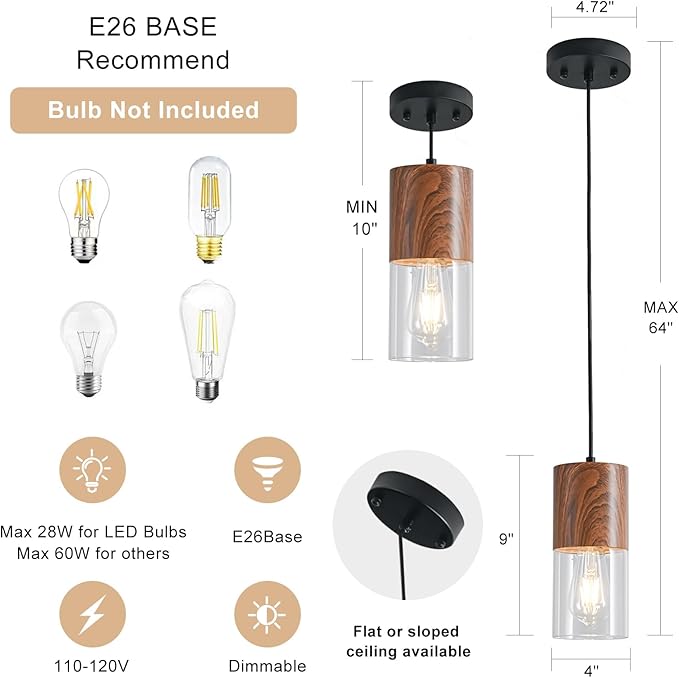 Modern Pendant Lights for Kitchen Island, Adjustable Pendant Light Fixtures with Brown Wood Grain, Industrial Clear Glass Pendant Lights for Dining Table Hallway Bedroom Living Room,1 Pack