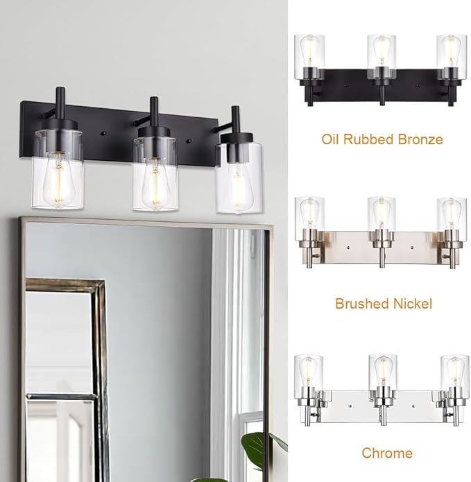 VINLUZ Vanity Bathroom Light Fixture Black 3 Lights Rustic Wall Sconce Lighting with Clear Glass Shade Vintage Porch Wall Lamp （Patent No.: US D958,438 S