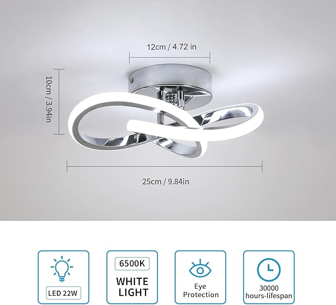 Modern LED Ceiling Light, 22W LED 6500K Cool White Spiral Design Hallway Ceiling Light Fixtures for Corridor Aisle Balcony Kitchen(Silver)