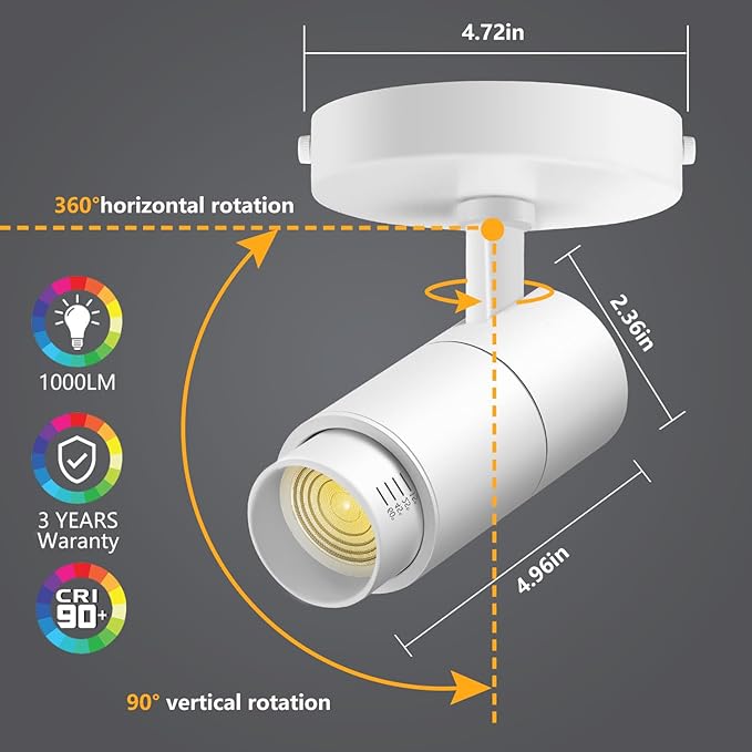 VANoopee 3-Color Zoomable Ceiling Spot Lights Indoor Flush Mount Adjustable LED Ceiling Spotlight Directional Light Fixture Dimmable Accent Light for Picture Art -CRI90 15-60° 10W 1000lm White