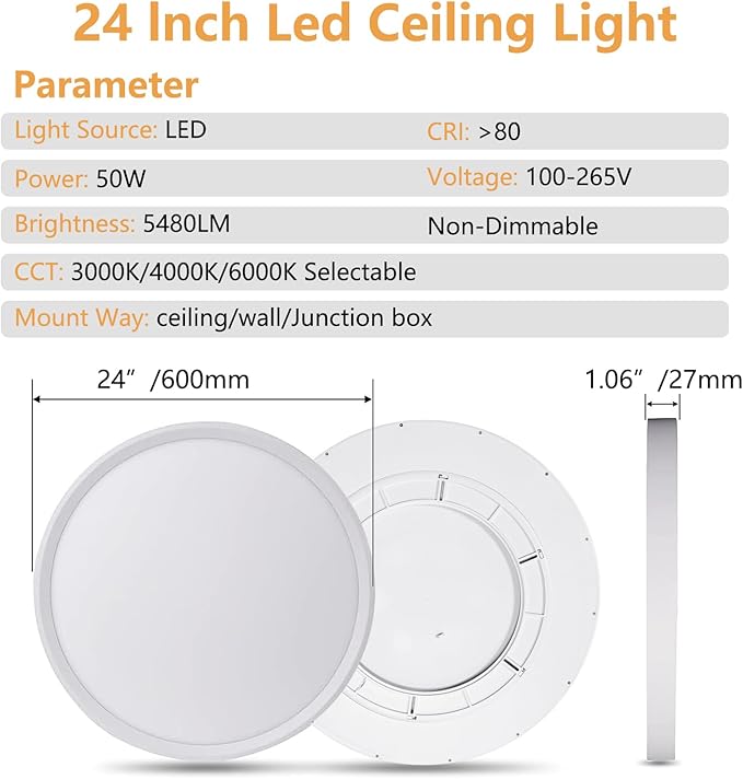24 Inch Led Ceiling Light Flush Mount, 50W, 5480LM, 3000K/4000K/6000K CCT Selectable Super Slim White LED Ceiling Light, Close to Ceiling Round Flat Panel Light for Hallway, Bedroom, Kitchen, ect