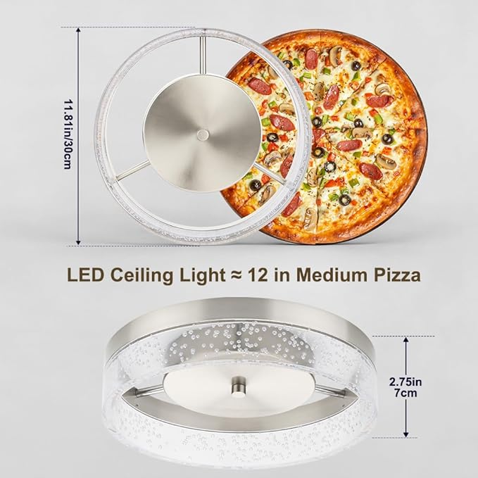 LED Flush Mount Ceiling Light Fixture, 12In Crystal Chandelier with Clear Bubble Acrylic, Modern Ceiling Lighting for Dining Room, Bedroom, Living Room, Kitchen, Brushed Nickel, 4000K Dimmable