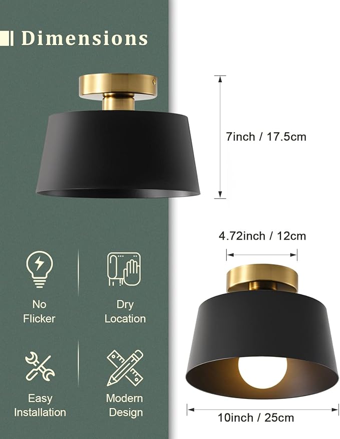Ceiling Light Fixture, Hallway Ceiling Light with Gold Plate and Matte Black Shade, Modern Simple Style Porch Light Fixtures Semi Flush Mount (Black)
