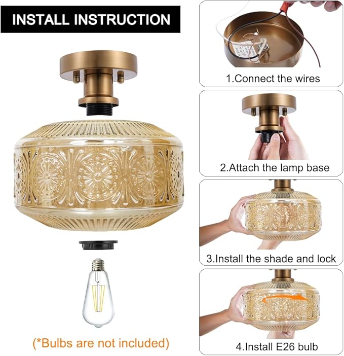 Semi Flush Mount Ceiling Light, Vintage Small Ceiling Light Fixture, Thickened Glass Hallway Lighting Fixture, Brass Kitchen Ceiling Mount Lighting with Amber Glass for Bedroom, Bathroom, Porch