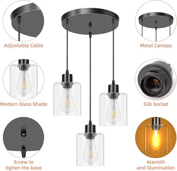 CANMEIJIA 3-Light Pendant Light Fixtures, Black Glass Pendant Lights for Kitchen Island, Industrial Hanging Lighting for Dining Room Bedroom, Modern Ceiling Lamp E26 Base, Bulbs Not Included