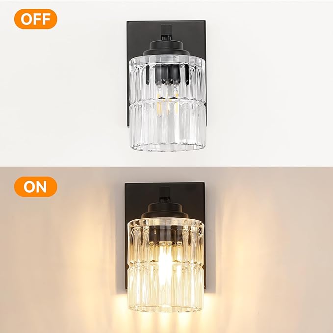 TALOYA 4 Inch Bathroom Light Fixtures,Modern,Set of 2 Light Brushed Black Vanity Lights with Wide Vertical Ribbed Thickened Glass Shade for Mirror Makeup Room Hallway（Bulbs Not Included）