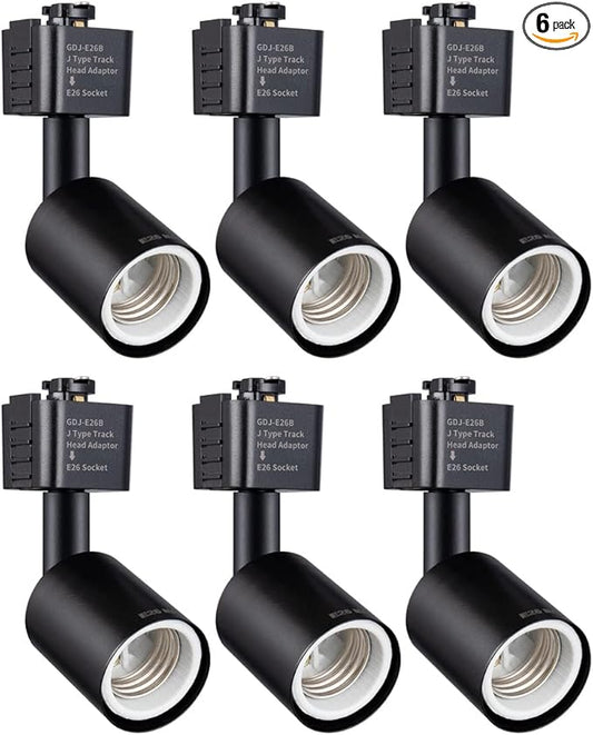 mirrea J Type Track Lighting Head to E26 Medium Screw Base Adapter Light Direction Adjustable Pack of 6 (Black)