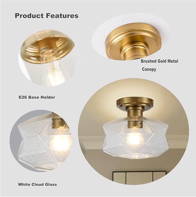 Industrial Semi Flush Mount Ceiling Light, 9 inch Vintage Farmhouse Light Fixture with Seeded Glass Shade, Brushed Brass Canopy for Kitchen, Bathroom, Hallway, Corridor, Passway, Bedroom